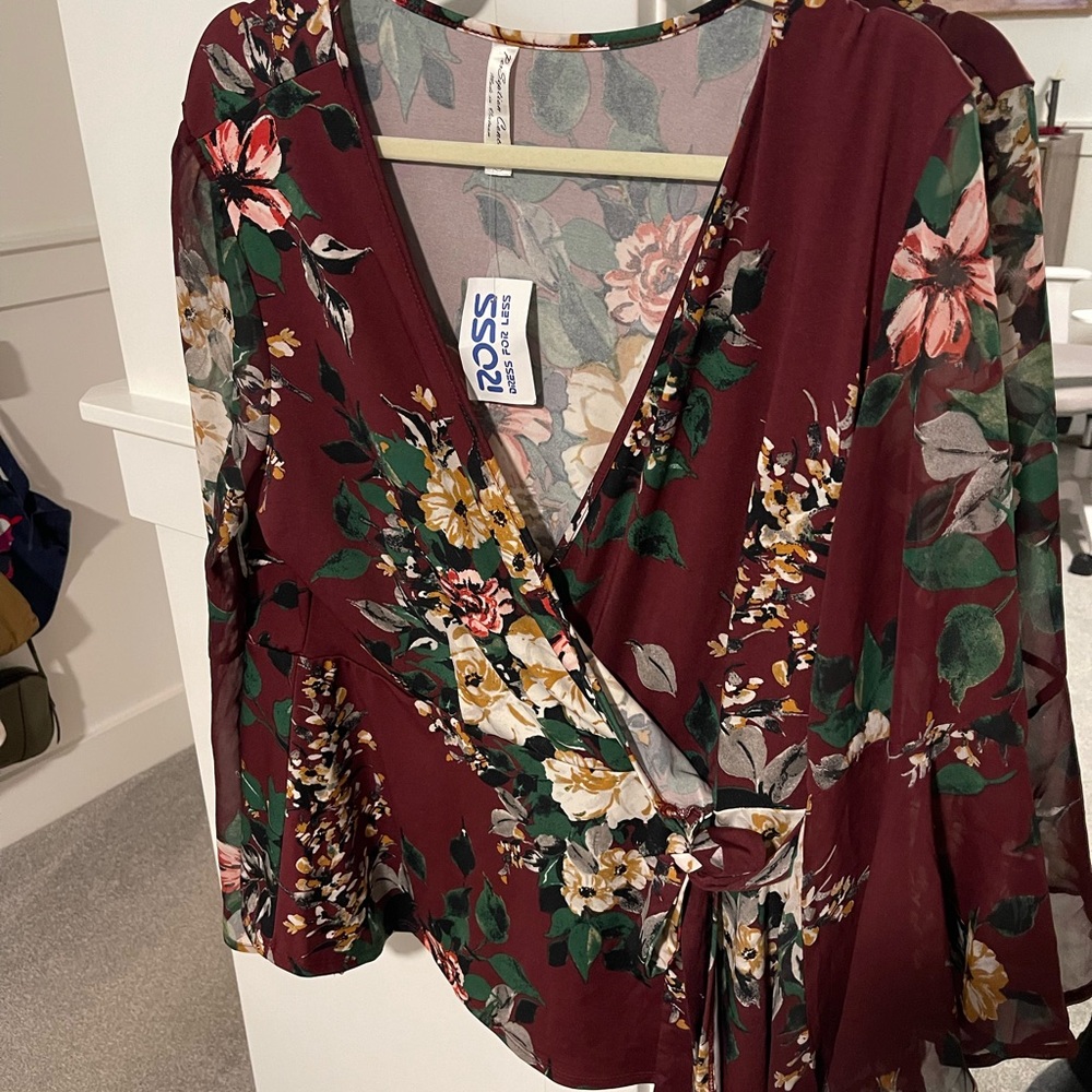 Floral Wrap Top - Burgundy